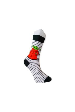 Beyaz Uzun Çizgi Karakterli Pamuklu Unisex Soket Çorabı Ç1024