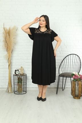 Kadın Büyük Beden Siyah Dantel Detaylı Elbise H3840