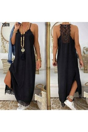 Yılbaşı Özel Kadın Siyah, Viskon Kumaş Dantel Detay Elbise (SİYAH) RS-23078-SM