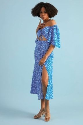 Kadın Mavi Ön Biritli Kordonlu Elbise Z-000004669