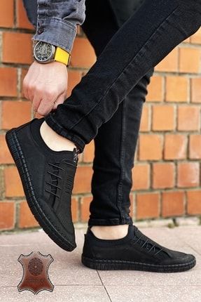 Siyah Nubuk Hakiki Deri Ultra Rahat Erkek Çarık Ayakkabı BIGKING01883