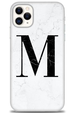 Iphone 11 Pro Max Kılıf Hd Baskılı Kılıf - Beyaz Mermer Desenli M Harfi + Temperli Cam nmap-iphone-11-pro-max-v-30-cm