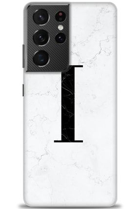 Samsung Galaxy S21 Ultra Kılıf Hd Baskılı Kılıf - Beyaz Mermer Desenli I Harfi + Temperli Cam nmsm-s21-ultra-v-30-cm