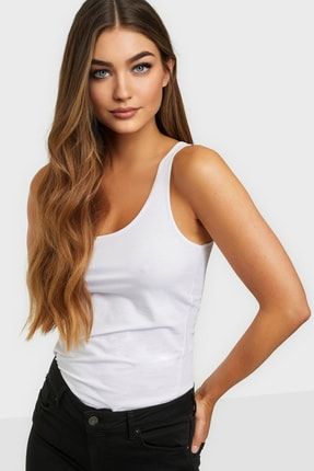 Kadın Beyaz Askılı Kolsuz Klasik Uzun Bluz Tişört 5081 301 KLSZTSK