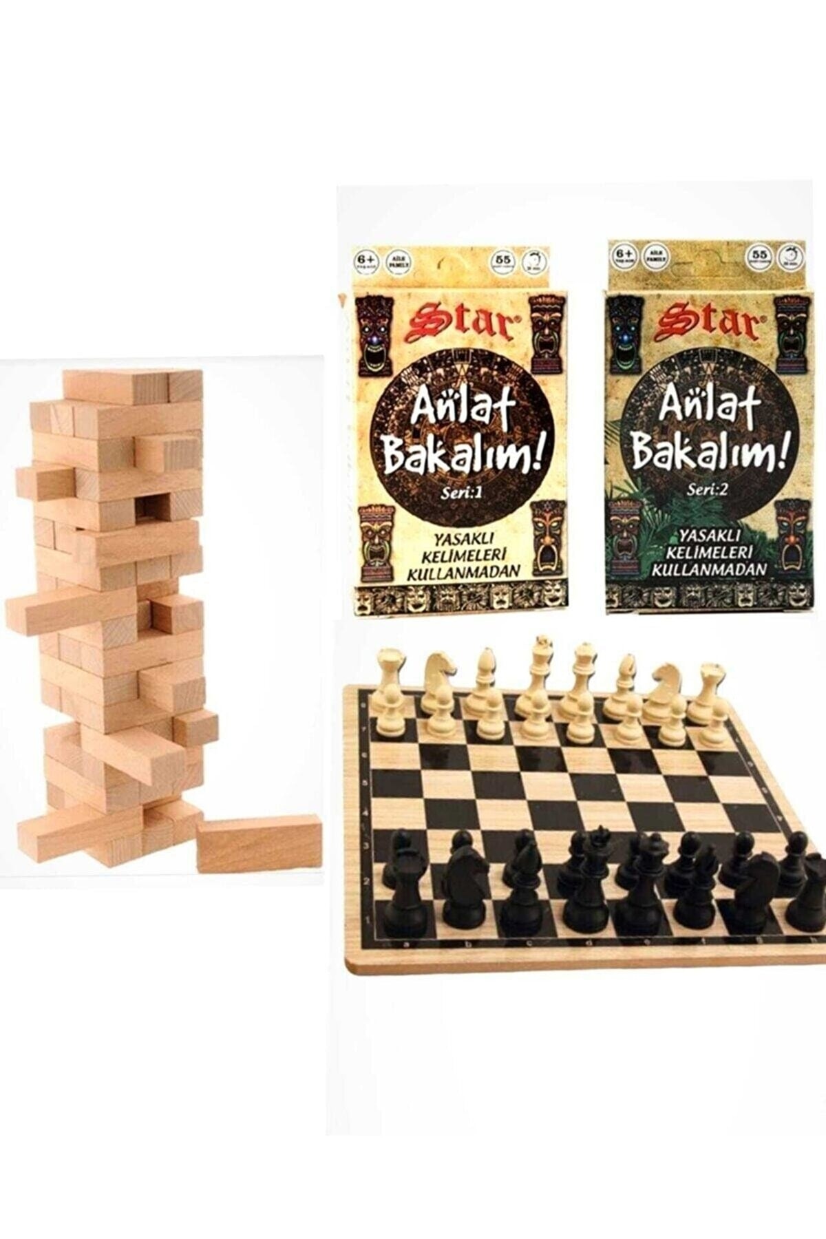 megame Ahşap Satranç Takımı, Jenga Seti, Anlat Bakalım Seti, Okul Satranç Takımı, Denge Oyunu