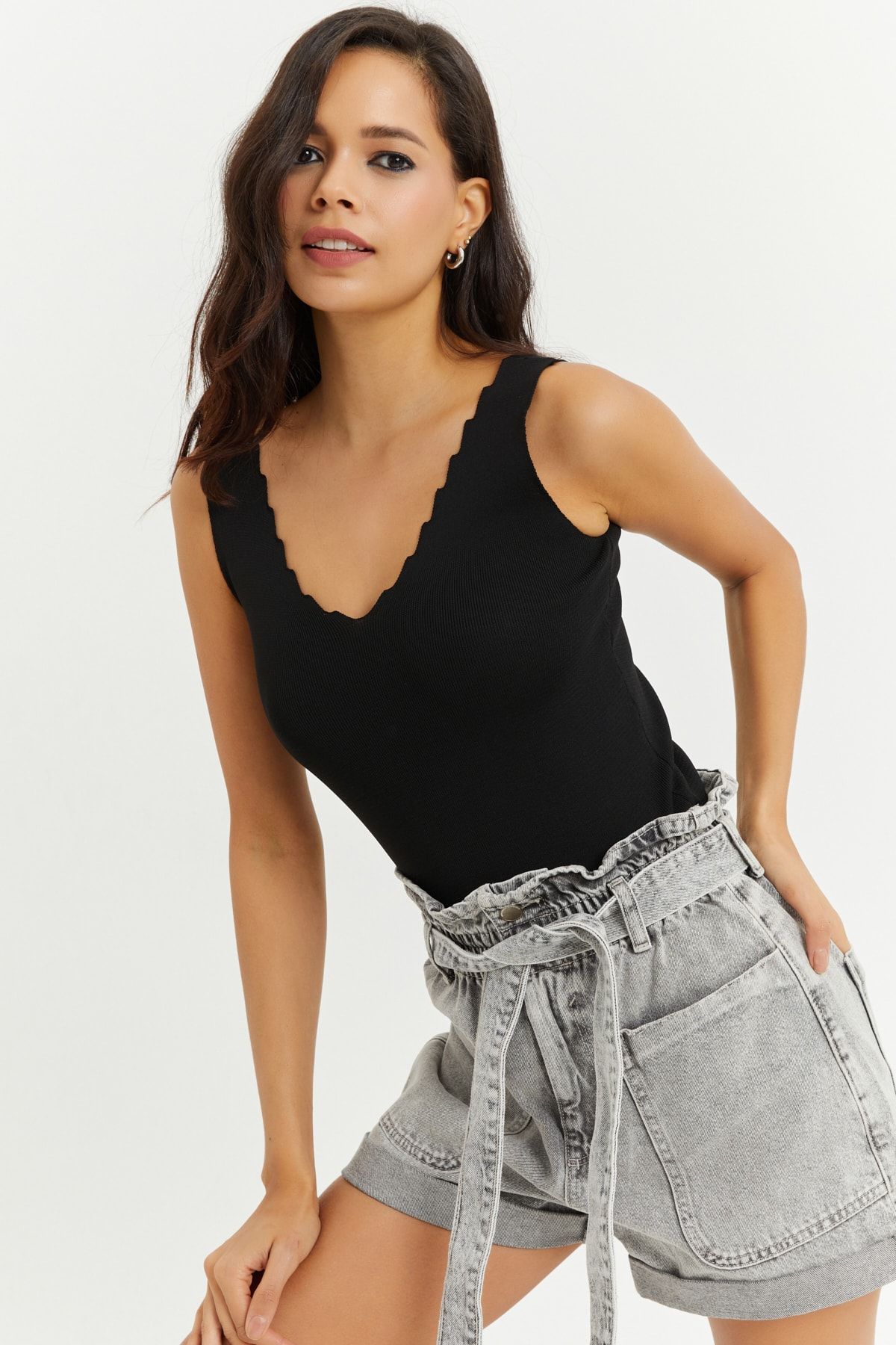 Cool & Sexy-Schwarze Strickbluse mit Leiterkragen für Damen YV83 3