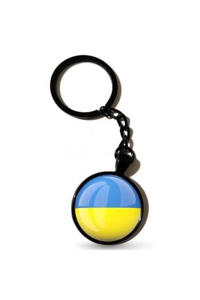 Ukrayna Bayrak Siyah Renk Zincirli Anahtarlık Ukraine Bayrağı Yuvarlak 3d Cam Anahtar KEY-203