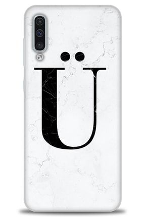 Samsung Galaxy A50 Kılıf Hd Baskılı Kılıf - Beyaz Mermer Desenli Ü Harfi + Temperli Cam tmsm-a50-v-29-cm