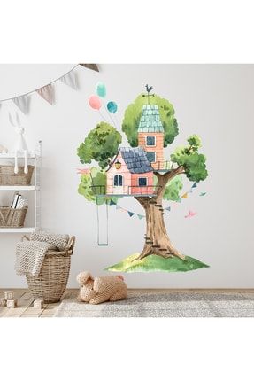 Sulu Boya Ağaç Ev Çocuk Odası Duvar Sticker arcodu000000166