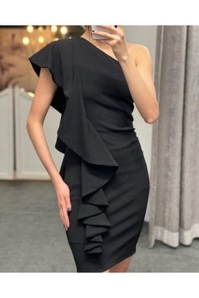 Kadın Tek Omuz Ön Ve Arka Fırfır Detay Mini Elbise (siyah) ECOK0FIR