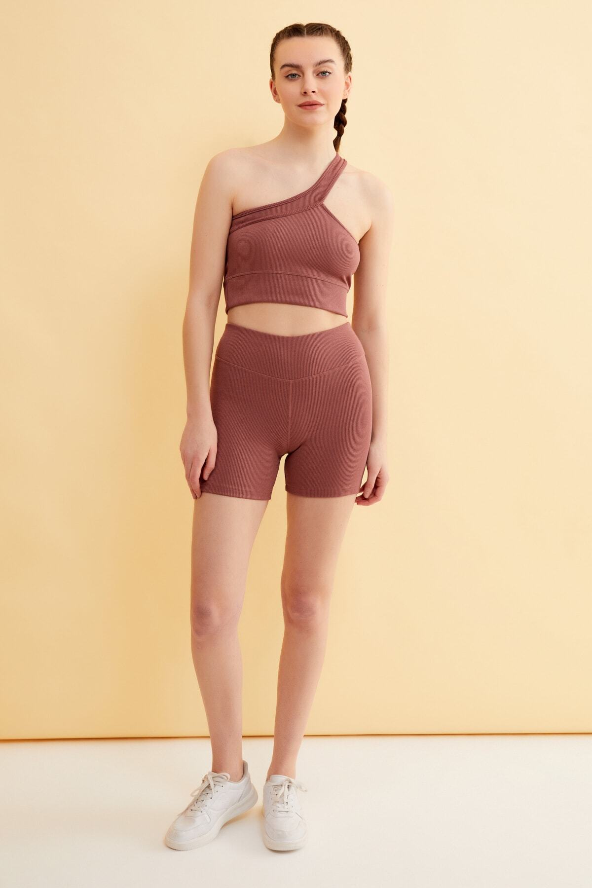 Runever-Dried Rose High Waist Ribbed Sports Bustier Shorts Set 22610 1