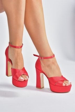 Kırmızı Saten Kumaş Platform Topuklu Kadın Abiye Ayakkabı M348202504