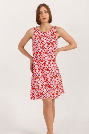 Kadın Kırmızı Beyaz Çiçek Desenli Jile Elbise tes000208