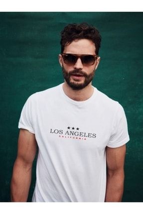 Erkek Los Angeles Baskılı Beyaz T-shirt Basic FN101