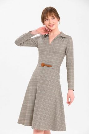 Windsor Kadın Kahverengi Kazayağı Desenli Yakalı Elbise 76803C