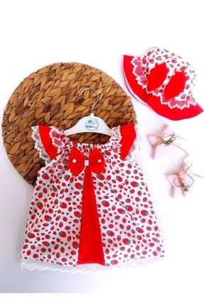 Özlem Bebe Kız Bebek Çilek Desenli Şapkalı Kurdelalı Elbise ERENİTY ELBİSE