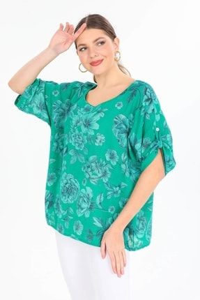 Kadın Yeşil Italyan Çiçek Desenli Oversize Bluz ITALYAN437
