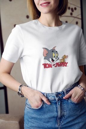 Kadın Beyaz Tom ve Jerry Yazı Baskılı Tişört K-K-D100020