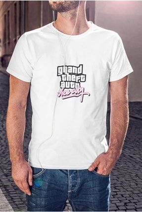 Erkek Beyaz Grand Theft Auto Vice City Yazı Baskılı T-shirt K-E-G97