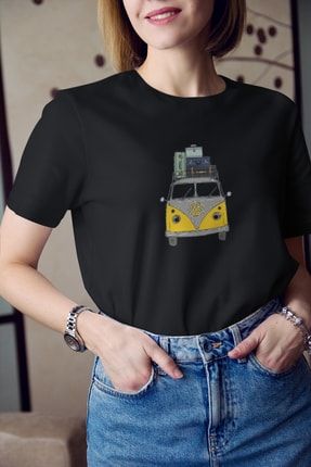 Kadın Sarı Vosvos Seyahat Minibüsü Baskılı T-Shirt K-K-V49