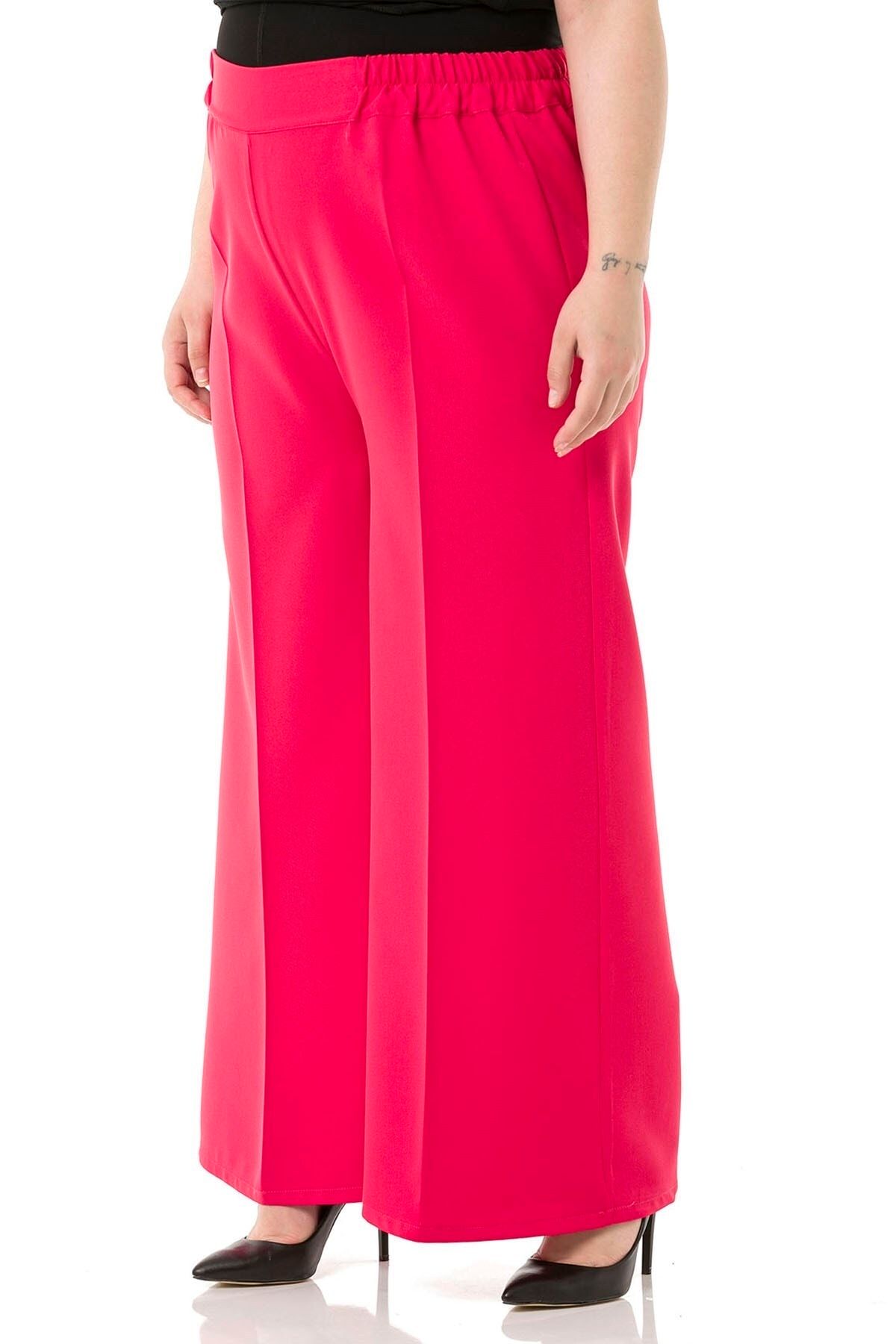 DISENTIS MODEST-Plus Size Wide Leg Double Fuchsia Trousers with Elastic Waist, Sides and Back 5