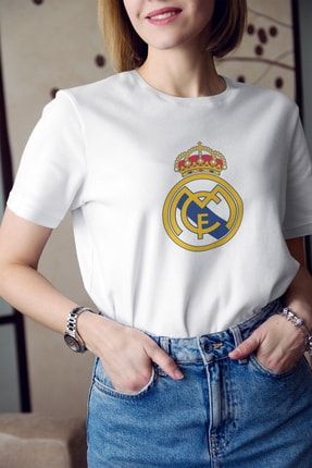 Kadın Beyaz Real Madrid Logo Ispanya La Liga Baskılı Pamuk Tişört K-K-S100006