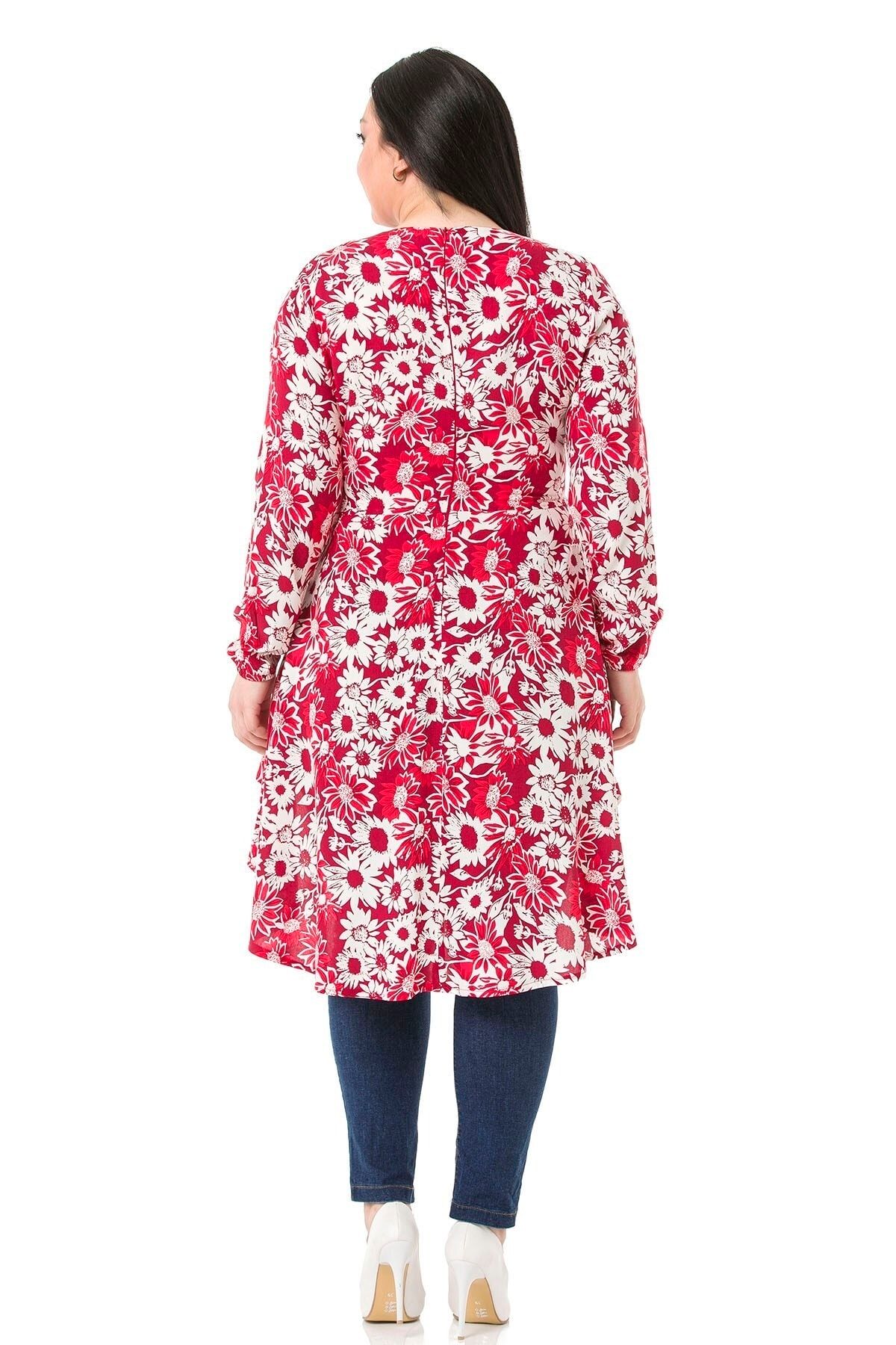 DISENTIS MODEST-Plus Size Double-breasted Red Tunic with Elastic Sleeve and Back Zipper and Long Flowers on the Back 3