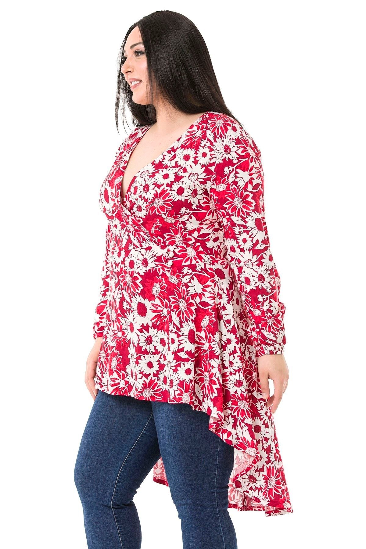 DISENTIS MODEST-Plus Size Double-breasted Red Tunic with Elastic Sleeve and Back Zipper and Long Flowers on the Back 4