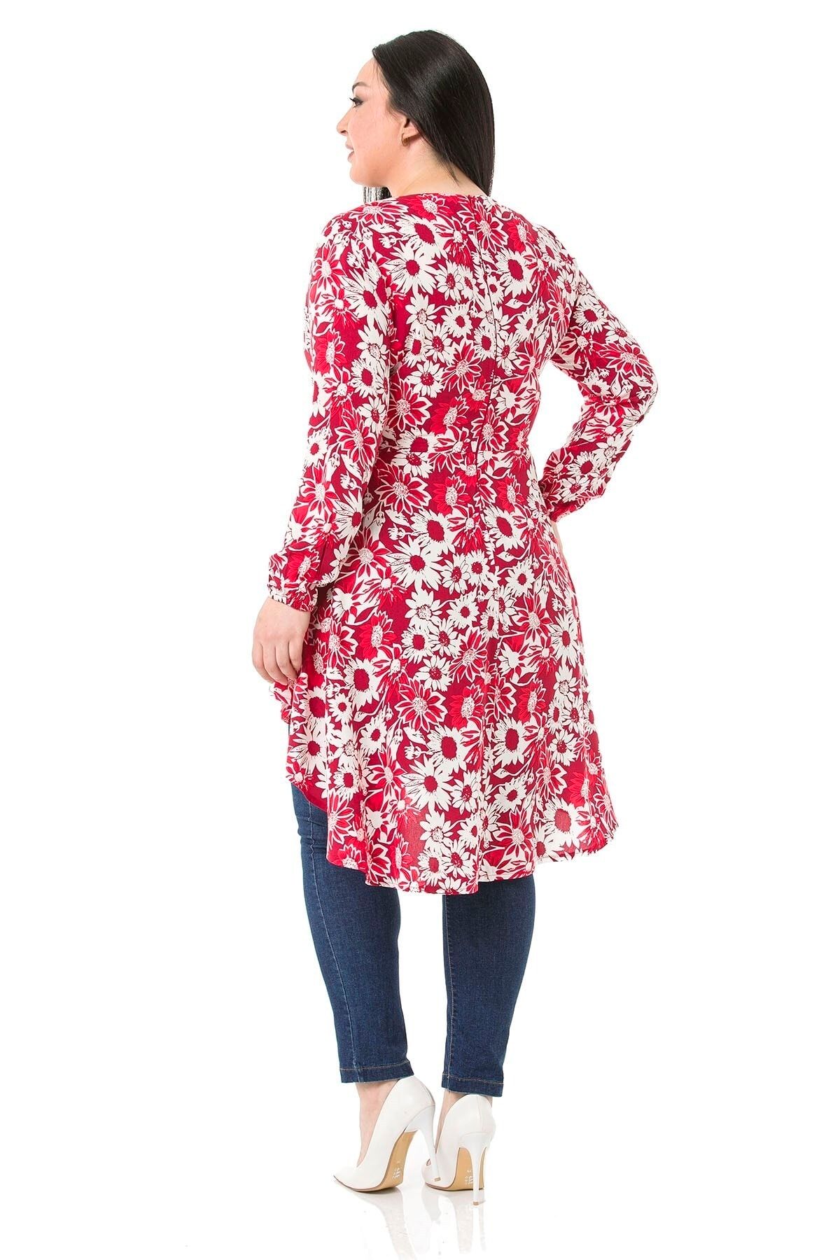 DISENTIS MODEST-Plus Size Double-breasted Red Tunic with Elastic Sleeve and Back Zipper and Long Flowers on the Back 5