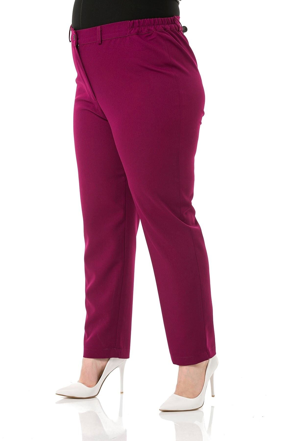 DISENTIS MODEST-Plus Size Claret Red Trousers with Elastic Waist and Side Zippered Leg Slits 5