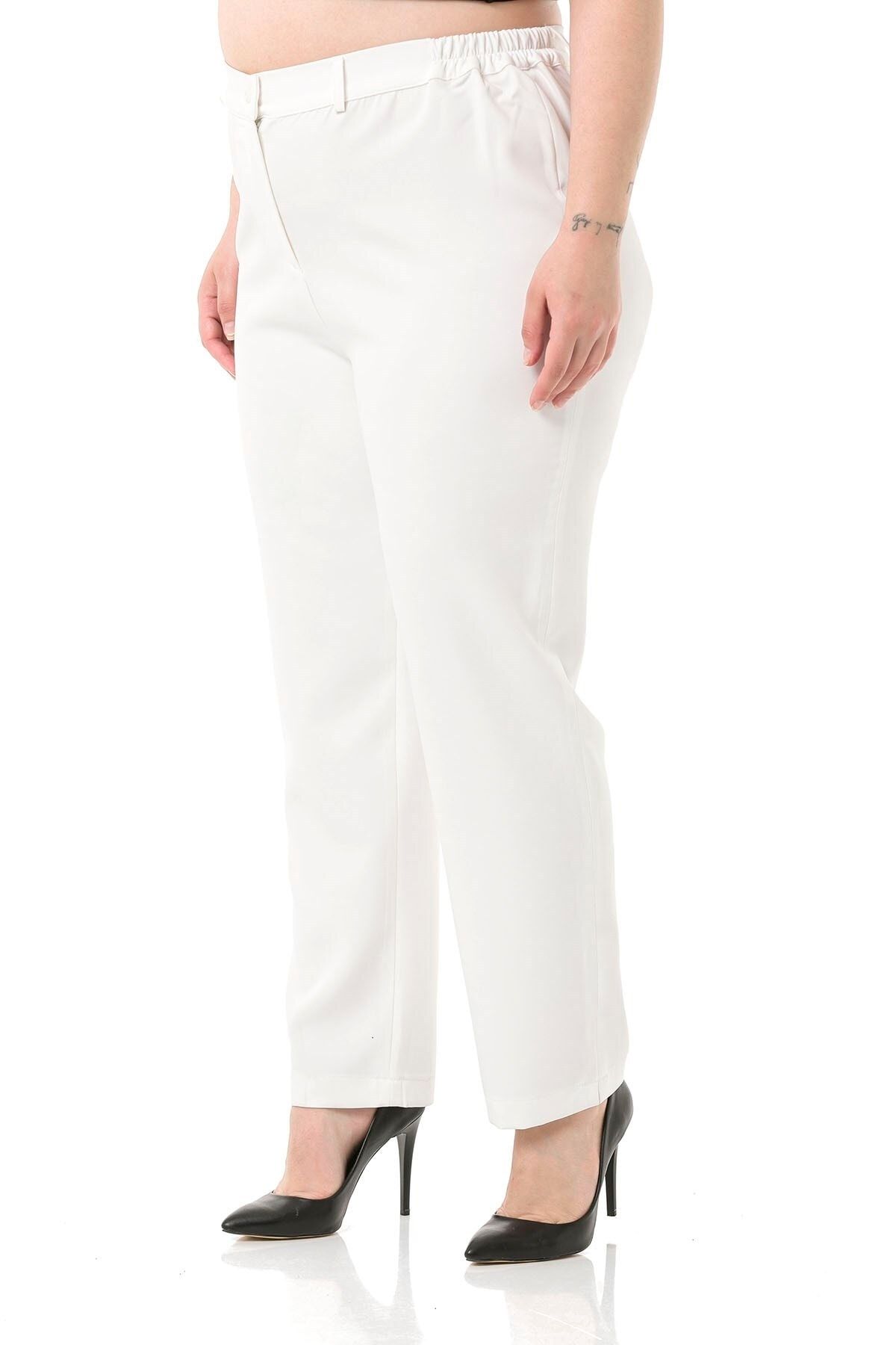 DISENTIS MODEST-Plus Size White Trousers with Elastic Waist and Side Zipper and Slits on the Leg 5
