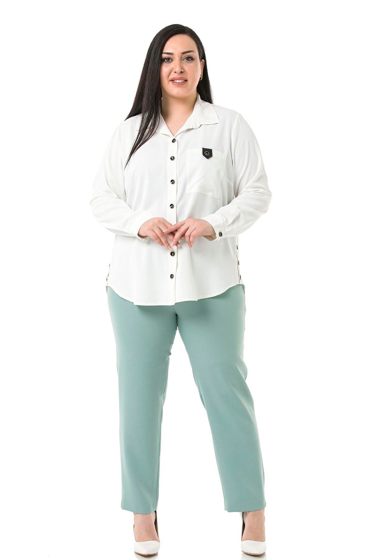 DISENTIS MODEST-Plus Size Mint Green Trousers with Elastic Waist and Side Zipper and Slits on the Leg 2