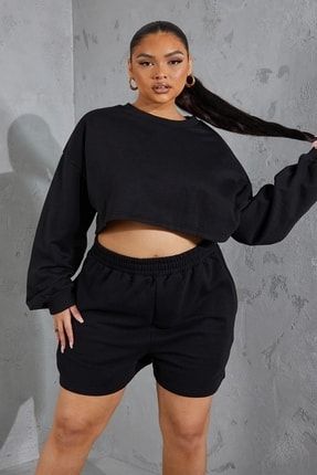 Kadın Büyük Beden Siyah Yeni Stil Crop Basic Yaka Sweatshirt 5050 10 KDNBBSWKCBBKSWT
