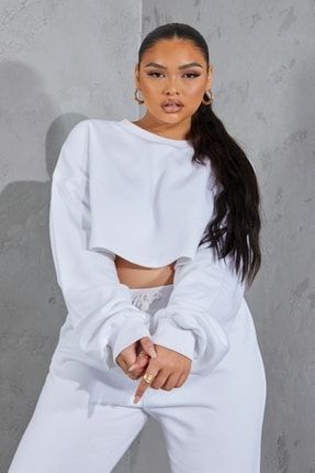 Kadın Büyük Beden Beyaz Yeni Stil Crop Basic Yaka Sweatshirt 5050 10 KDNBBSWKCBBKSWT