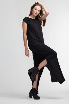 Kadın Siyah Dark Kolsuz Yırtmaçlı Uzun Günlük Elbise 5115 EBS1TELBISE