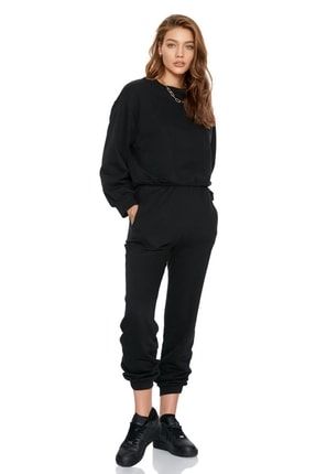 Kadın Siyah Basic Sweatshirt Ve Jogger Şardonsuz Mevsimlik Kumaş Alt Üst Takım 5070u 5008a 150 SWTTEBBKESFT
