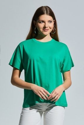 Kadın Yeşil Bisiklet Yaka Basic Oversize T-shirt MDTRN21353
