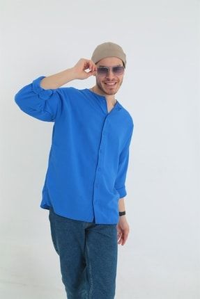 Erkek Yakasız Oversize Keten Gömlek Mavi 10077