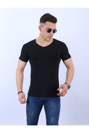 Erkek Slim Fit Dar Kesim V Yaka Basic T-shirt 003999655