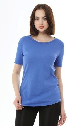 Kadın Mavi Oval Kesim Basic Tshirt 305