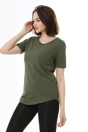 Kadın Haki Oval Kesim Basic Tshirt 305