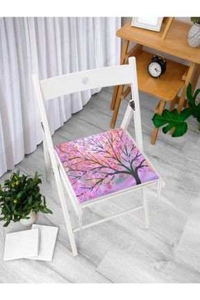 Pembe Zeminde Ağaç Ve Yaprak Desenli Dijital Baskılı Modern Fermuarlı Sandalye Minderi Frm814
