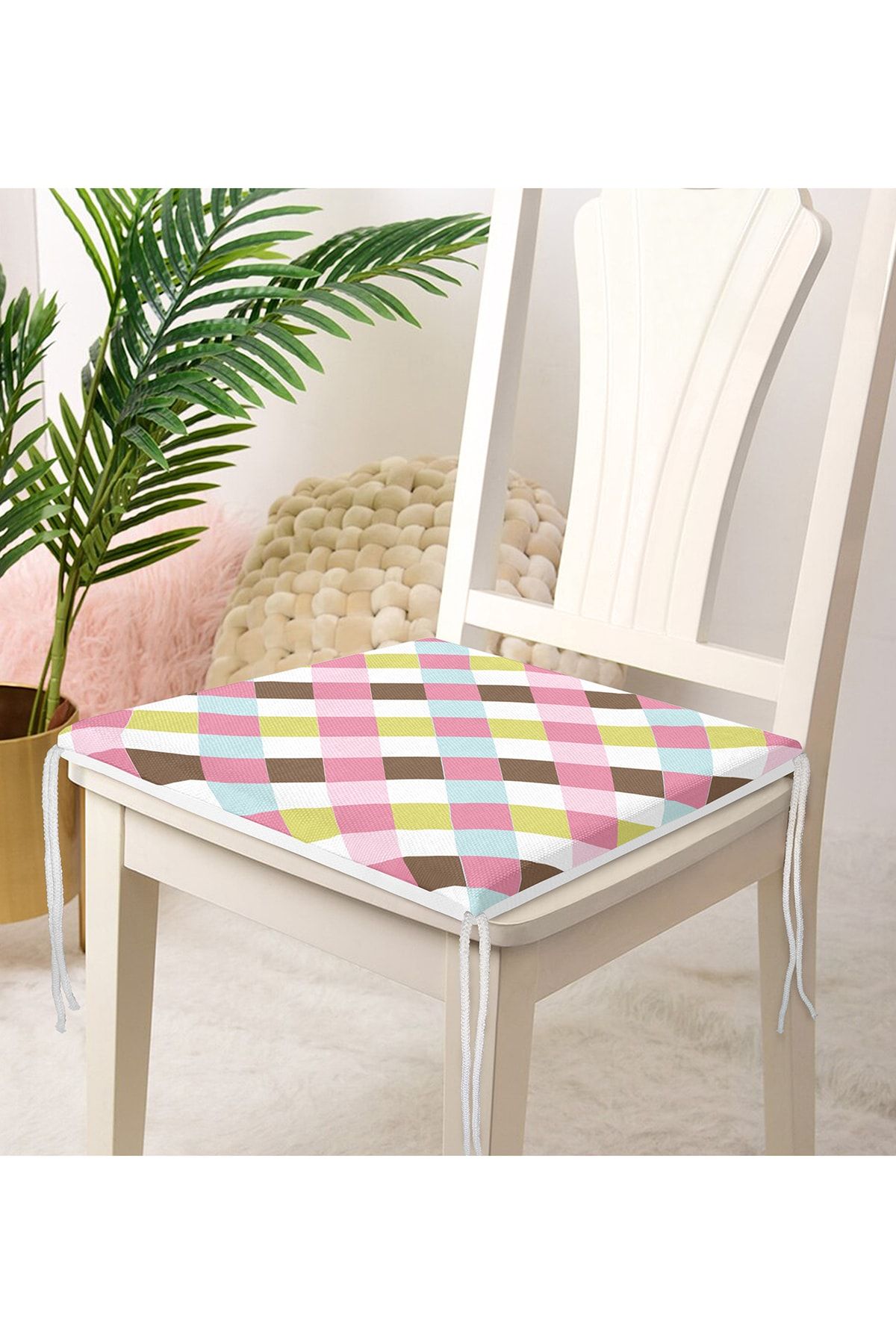 Realhomes-Checkered Colorful Geometric Patterned Digital Printed Modern Zippered Chair Cushion 4