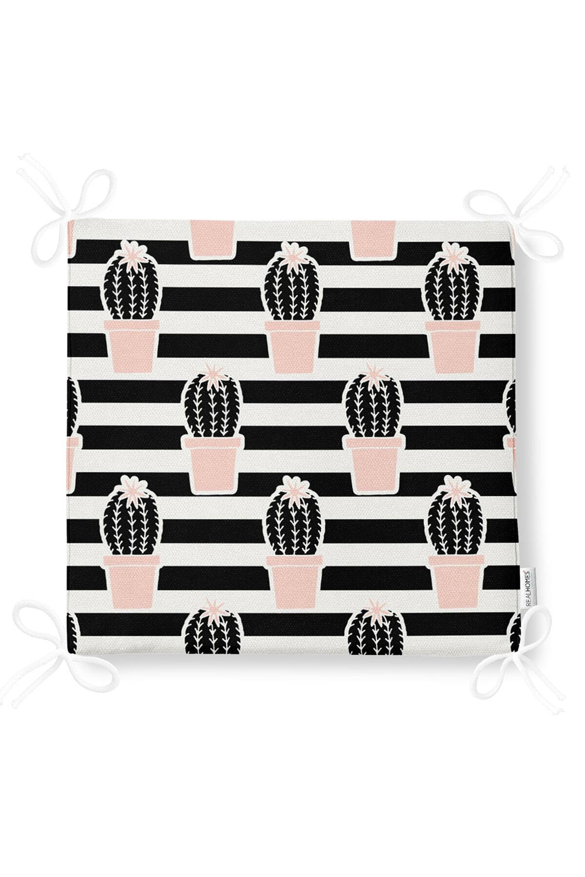 Realhomes-Black Striped Cactus Motif Digital Printed Zippered Chair Cushion 5