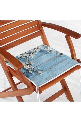 Mavi Ahşap Zeminli Bahar Motifli Fermuarlı Sandalye Minderi Rh-Frm5108