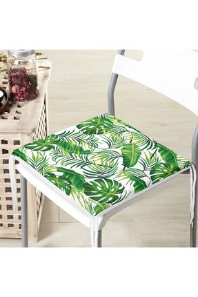 Beyaz Zeminde Yeşil Yapraklar Tasarımlı Modern Fermuarlı Sandalye Minderi Fyaprak1