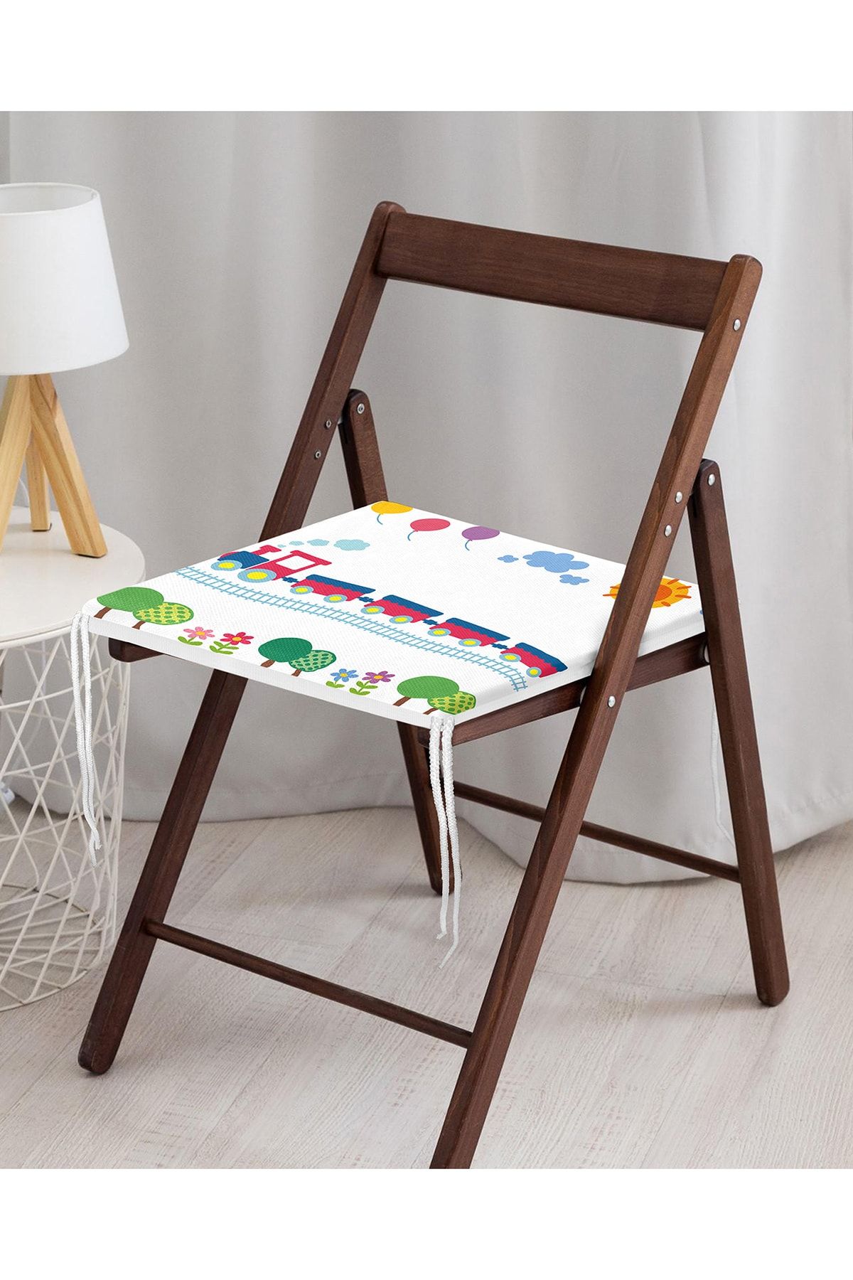 Realhomes-Children's Patterned Digital Printed Modern Zippered Chair Cushion with Train and Tree Figures 3