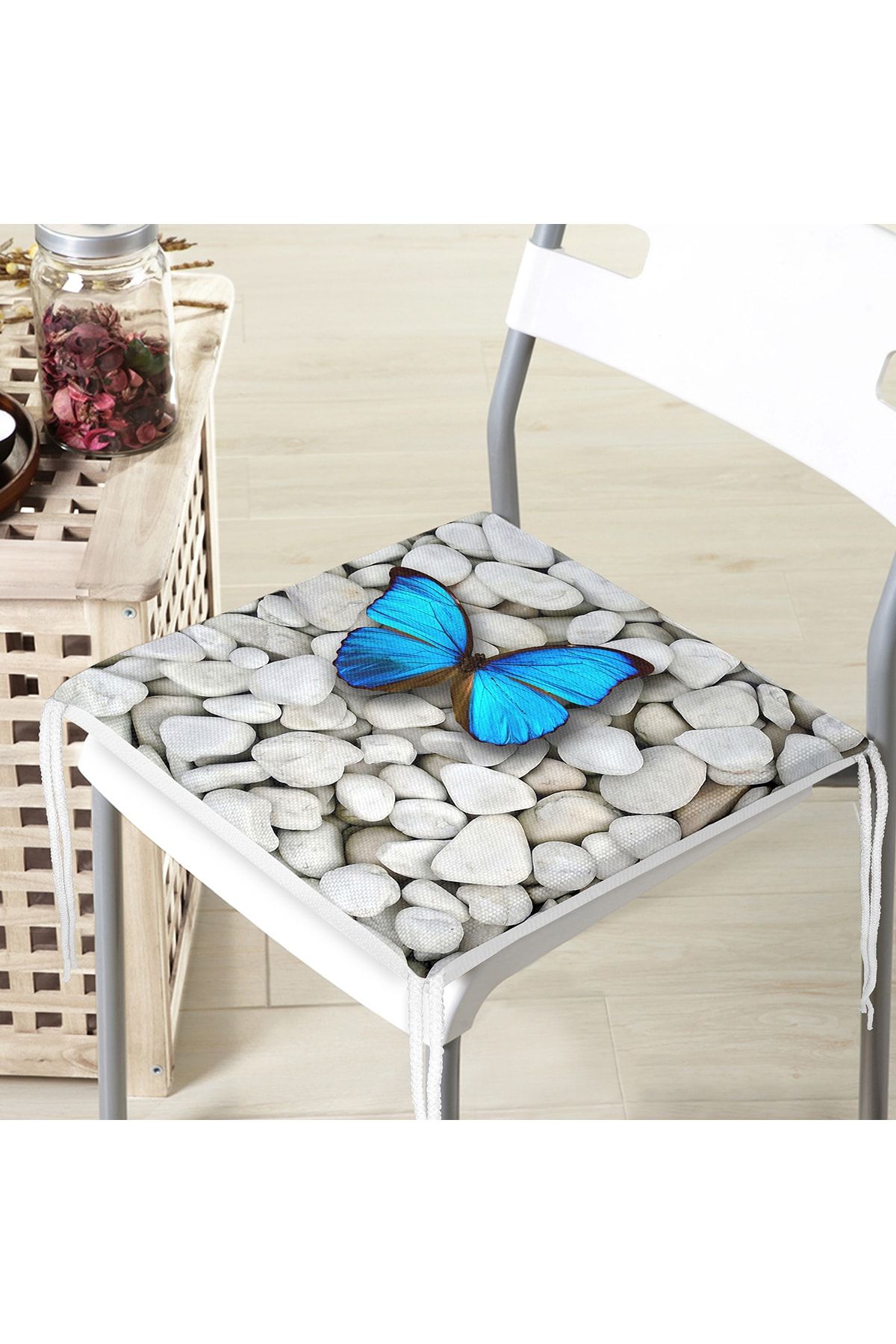 Realhomes-Specially Designed Digital Printed Zippered Chair Cushion with Butterfly Pattern on Stoned Floor 4