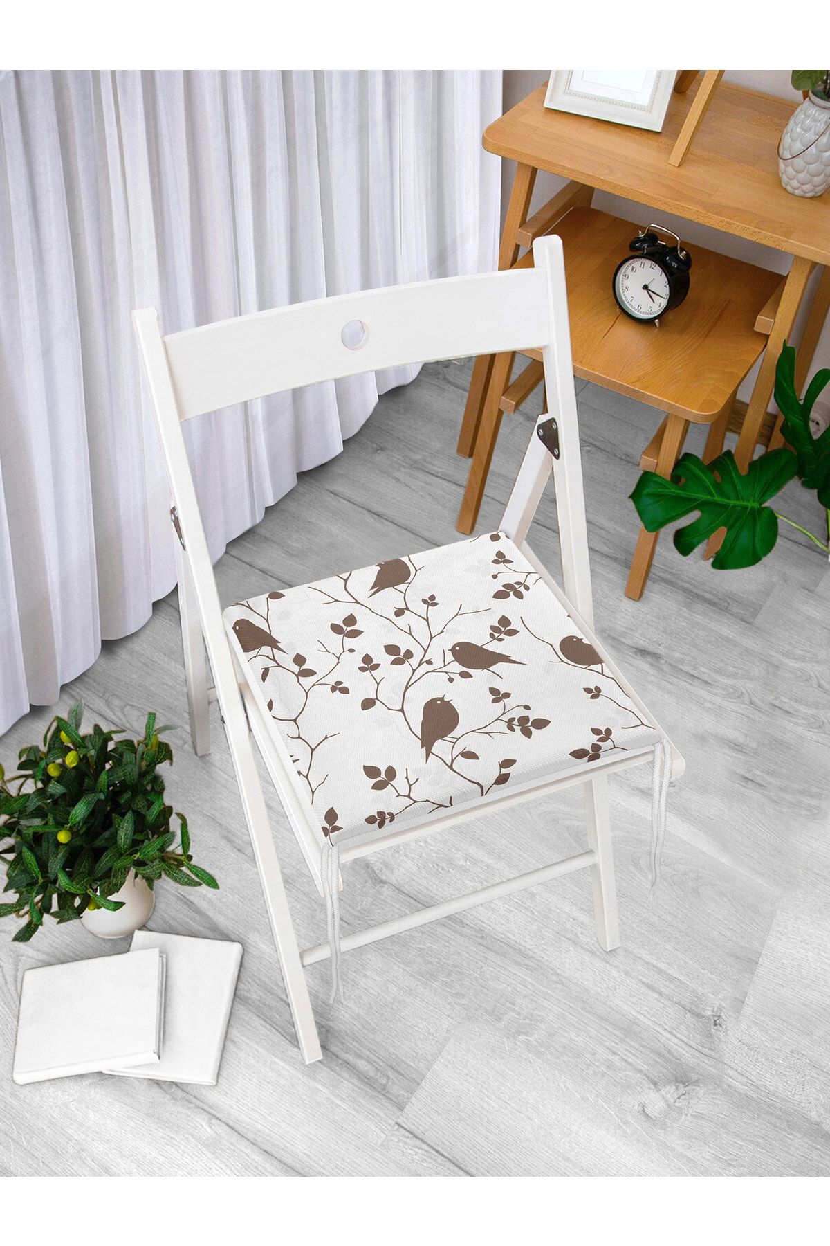Realhomes-Digital Printed Modern Zippered Chair Cushion with Brown Branch and Bird Pattern on Cream Floor 3