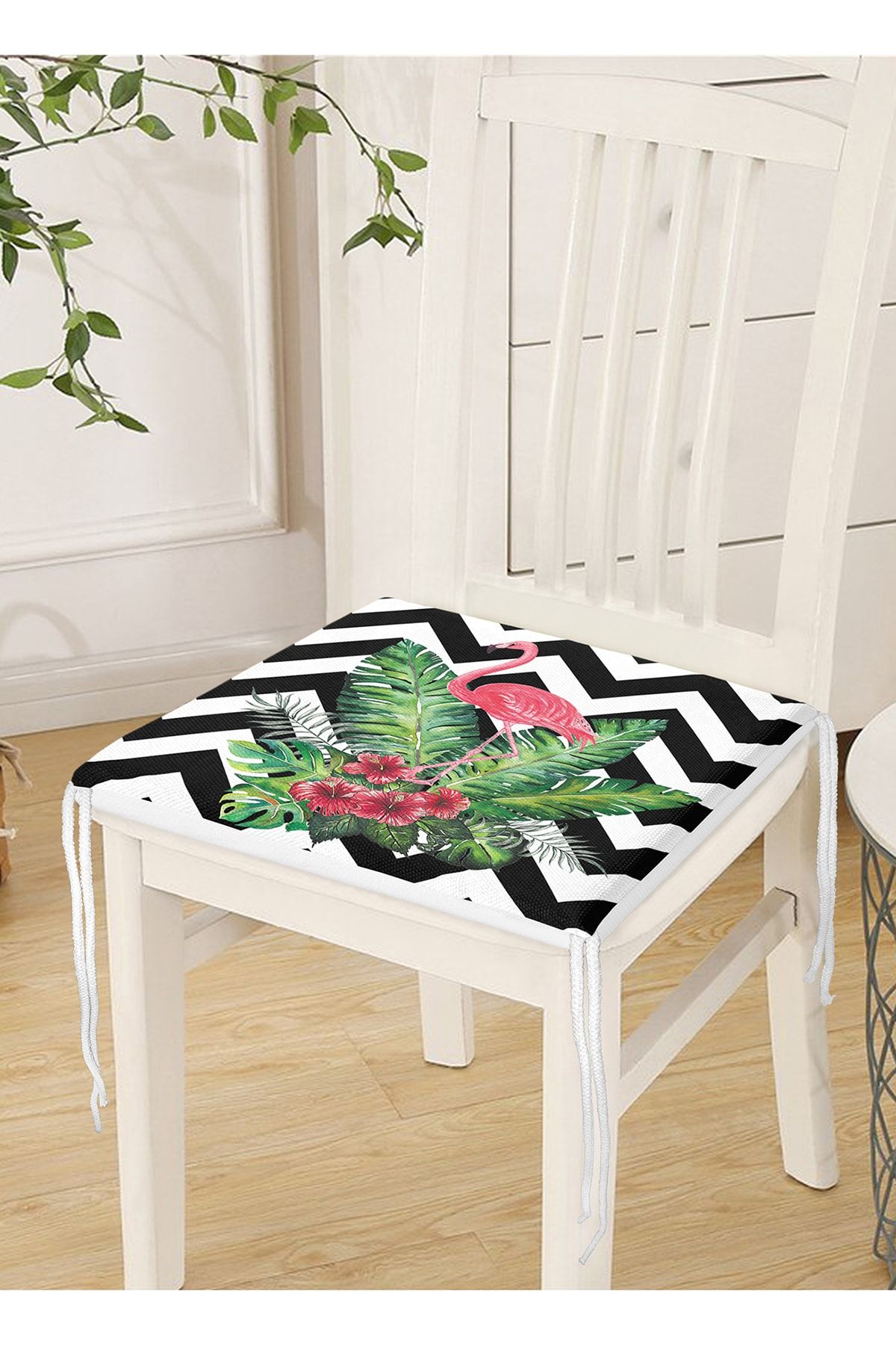 Realhomes-Modern Zippered Chair Cushion with Flamingo and Leaves Design on Zigzag Floor 3